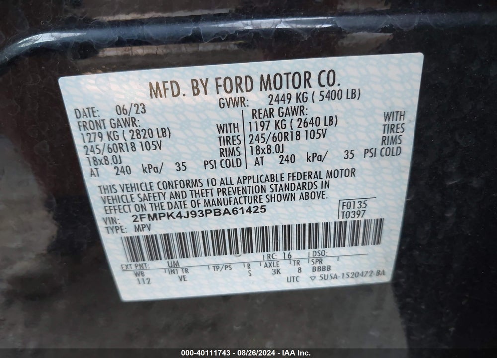 2023 FORD EDGE SEL VIN: 2FMPK4J93PBA61425