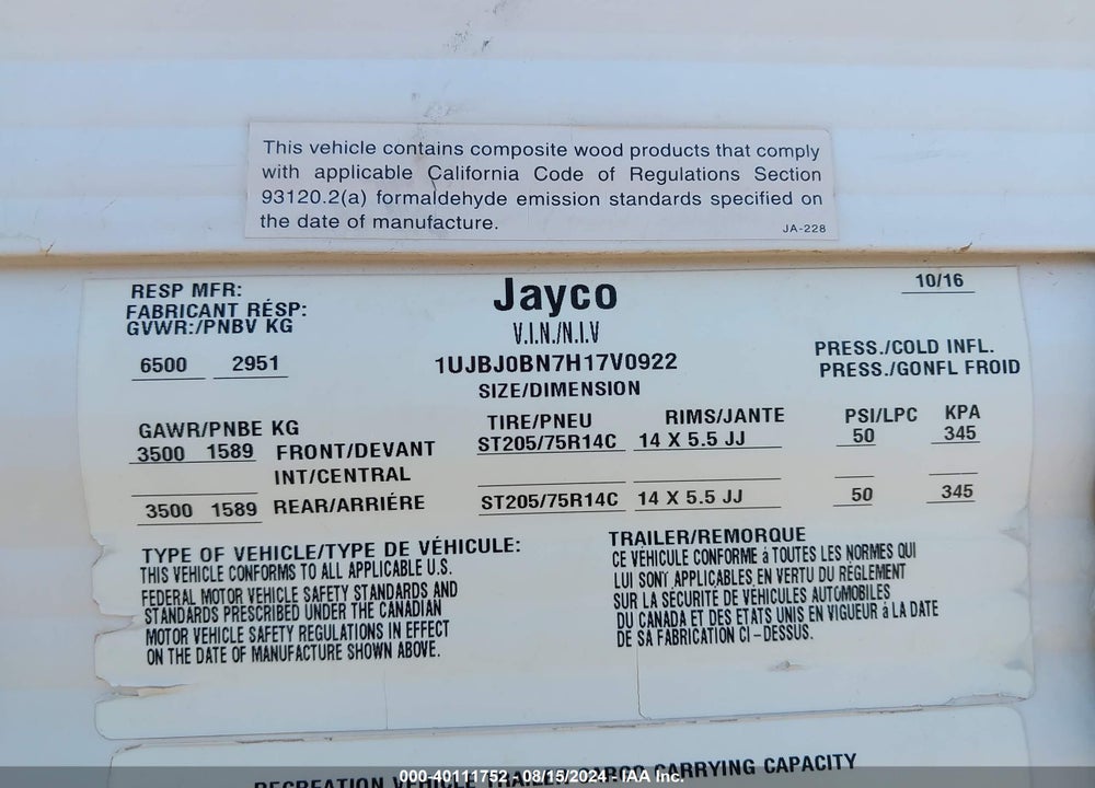 2017 JAYCO JAY FLIGHT SLX SERIE VIN: 1UJBJ0BN7H17V0922