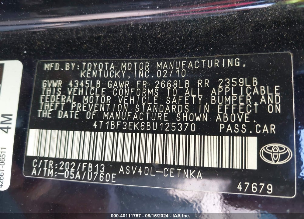 2011 TOYOTA CAMRY LE VIN: 4T1BF3EK6BU125370
