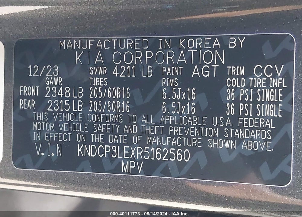 2024 KIA NIRO LX VIN: KNDCP3LEXR5162560