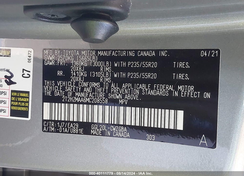 2021 LEXUS RX 350 VIN: 2T2HZMAA6MC208558