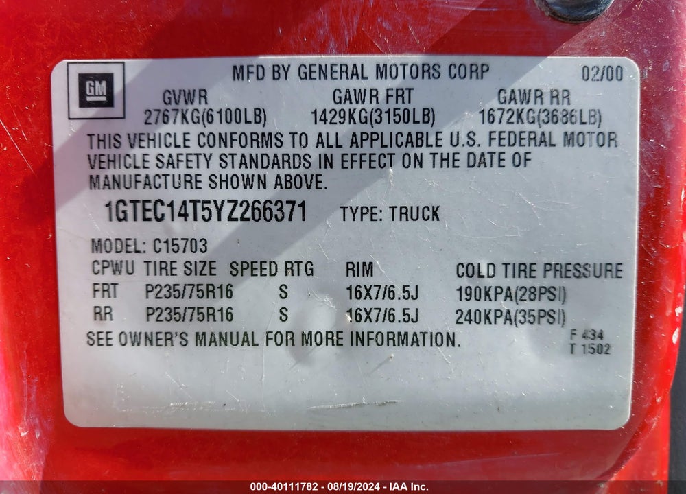 2000 GMC SIERRA 1500 SLE VIN: 1GTEC14T5YZ266371