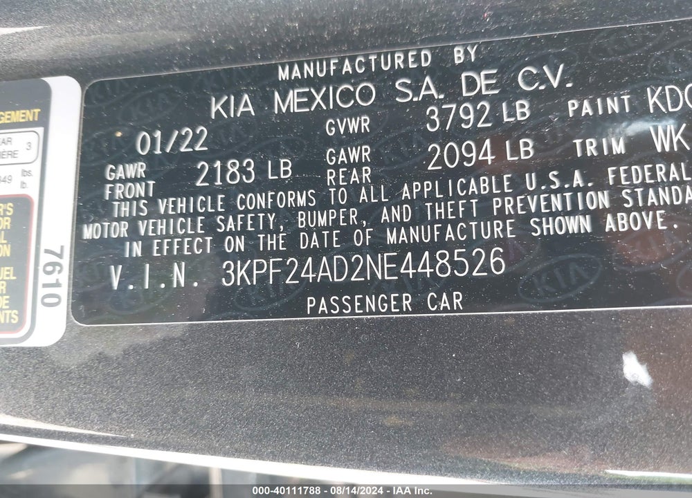 2022 KIA FORTE FE/LXS VIN: 3KPF24AD2NE448526