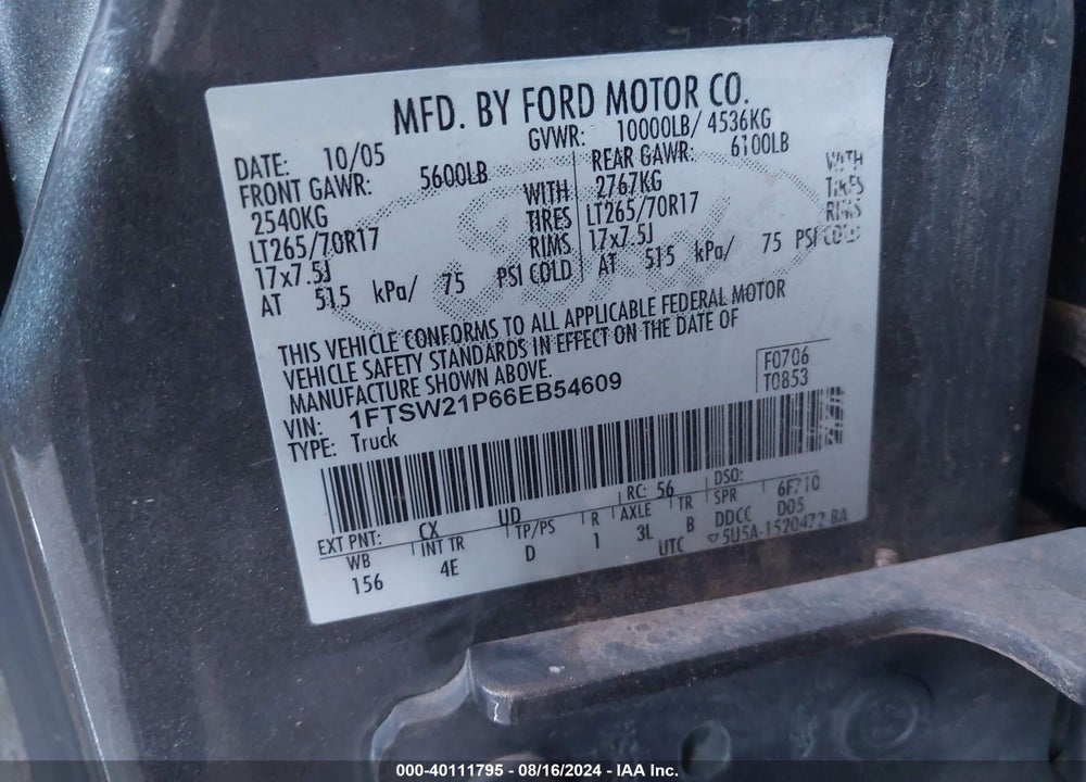 2006 FORD F-250 LARIAT/XL/XLT VIN: 1FTSW21P66EB54609