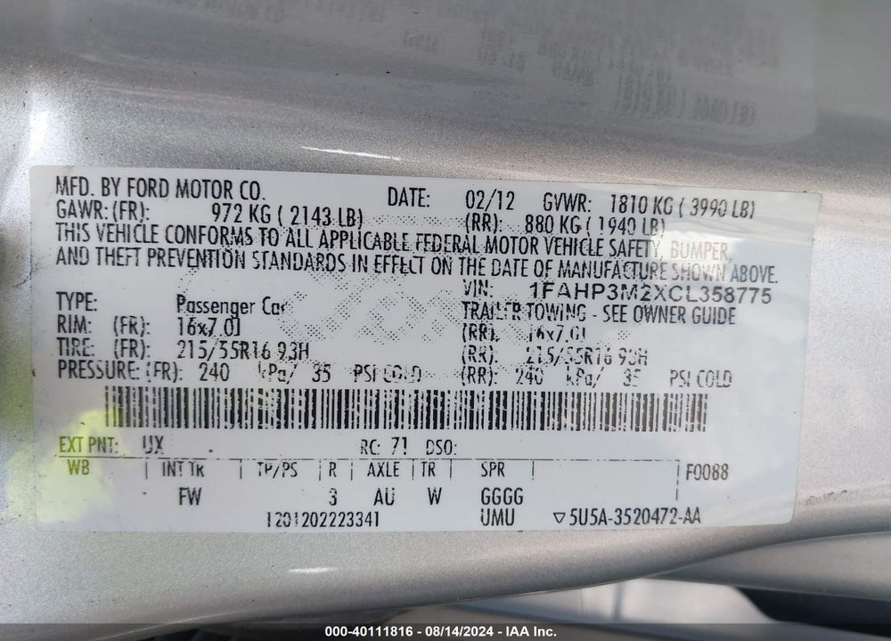 2012 FORD FOCUS SEL VIN: 1FAHP3M2XCL358775