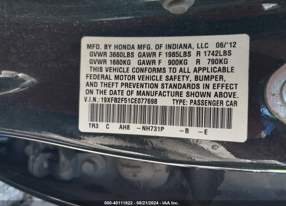 2012 HONDA CIVIC VIN: 19XFB2F51CE077698