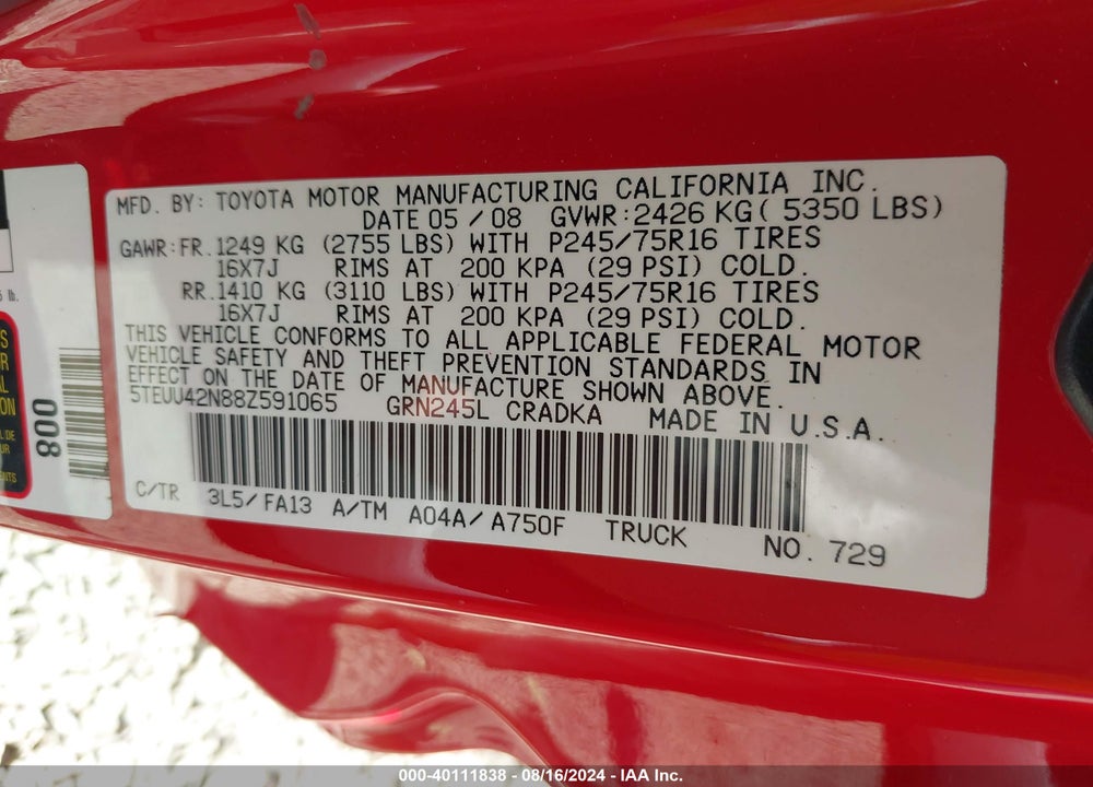 2008 TOYOTA TACOMA BASE V6 VIN: 5TEUU42N88Z591065