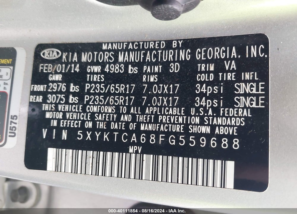 2015 KIA SORENTO LX VIN: 5XYKTCA68FG559688