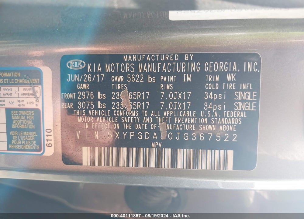 2018 KIA SORENTO 3.3L LX VIN: 5XYPGDA50JG367522