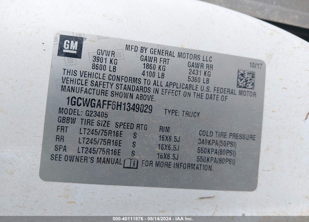 2017 CHEVROLET EXPRESS 2500 WORK VAN VIN: 1GCWGAFF6H1349029