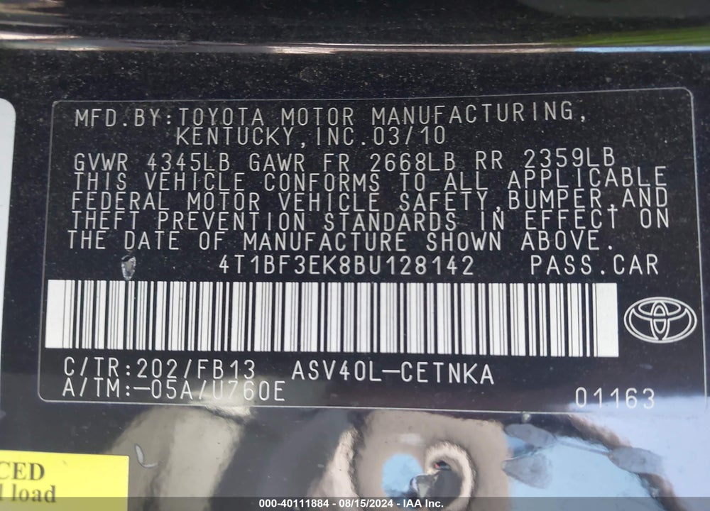 2011 TOYOTA CAMRY LE VIN: 4T1BF3EK8BU128142