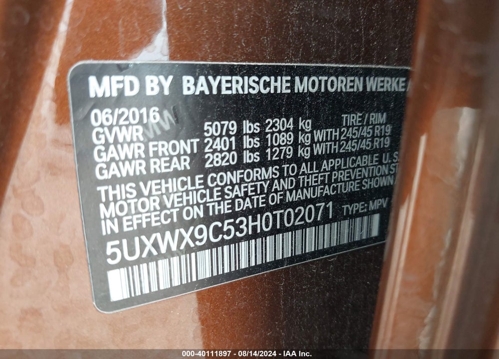 2017 BMW X3 XDRIVE28I VIN: 5UXWX9C53H0T02071