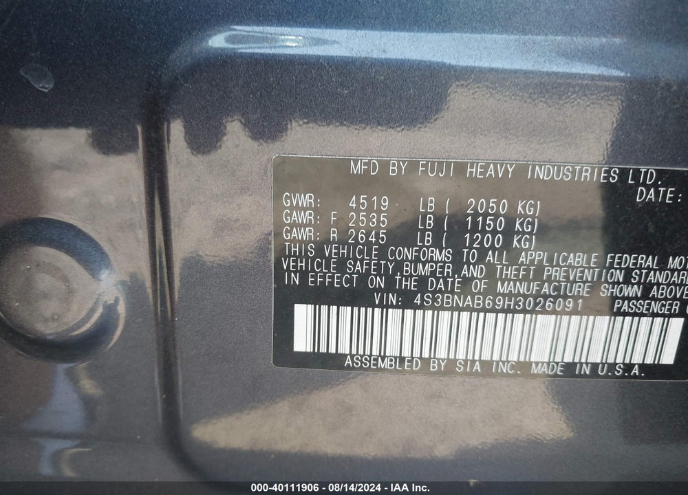 2017 SUBARU LEGACY 2.5I VIN: 4S3BNAB69H3026091