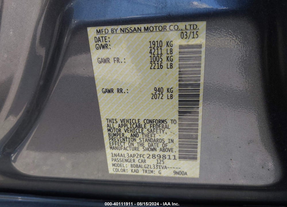 2015 NISSAN ALTIMA 2.5 S VIN: 1N4AL3AP2FC289811