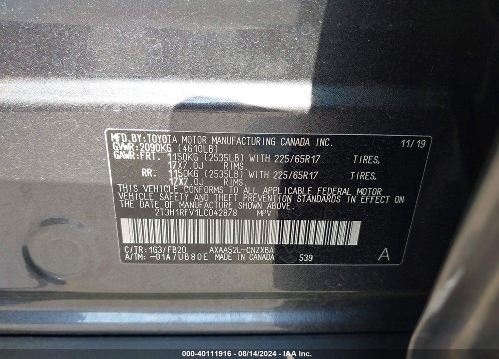 2020 TOYOTA RAV4 LE VIN: 2T3H1RFV1LC042878