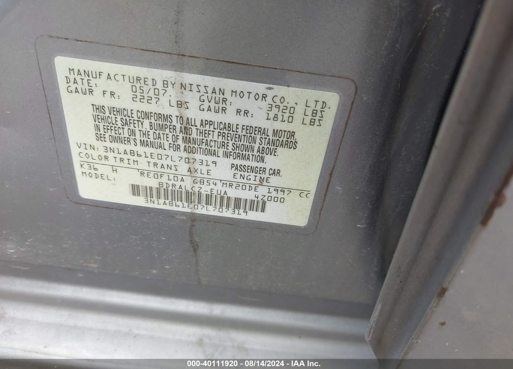 2007 NISSAN SENTRA 2.0 VIN: 3N1AB61E07L707319