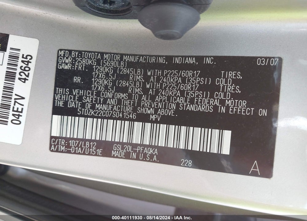 2007 TOYOTA SIENNA XLE VIN: 5TDZK22C07S041546