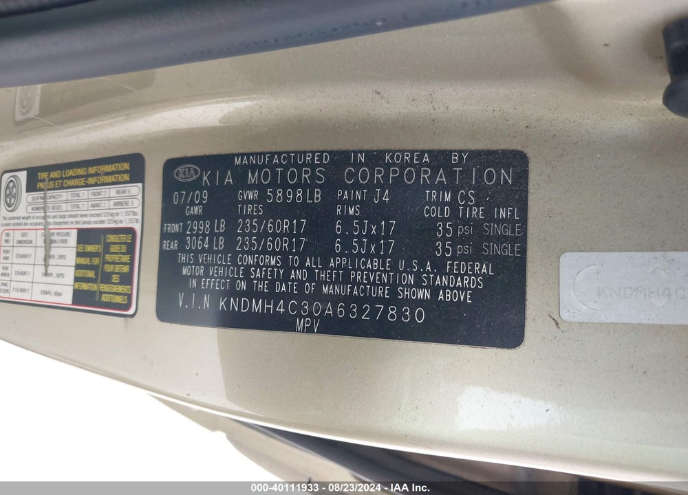 2010 KIA SEDONA EX VIN: KNDMH4C30A6327830