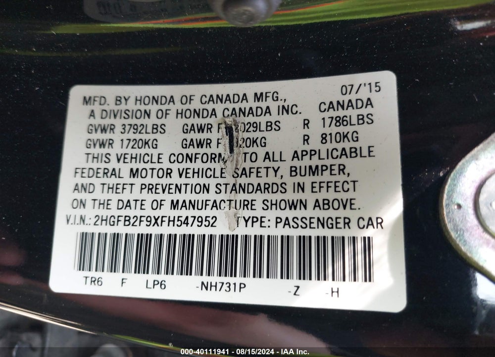 2015 HONDA CIVIC EX-L VIN: 2HGFB2F9XFH547952