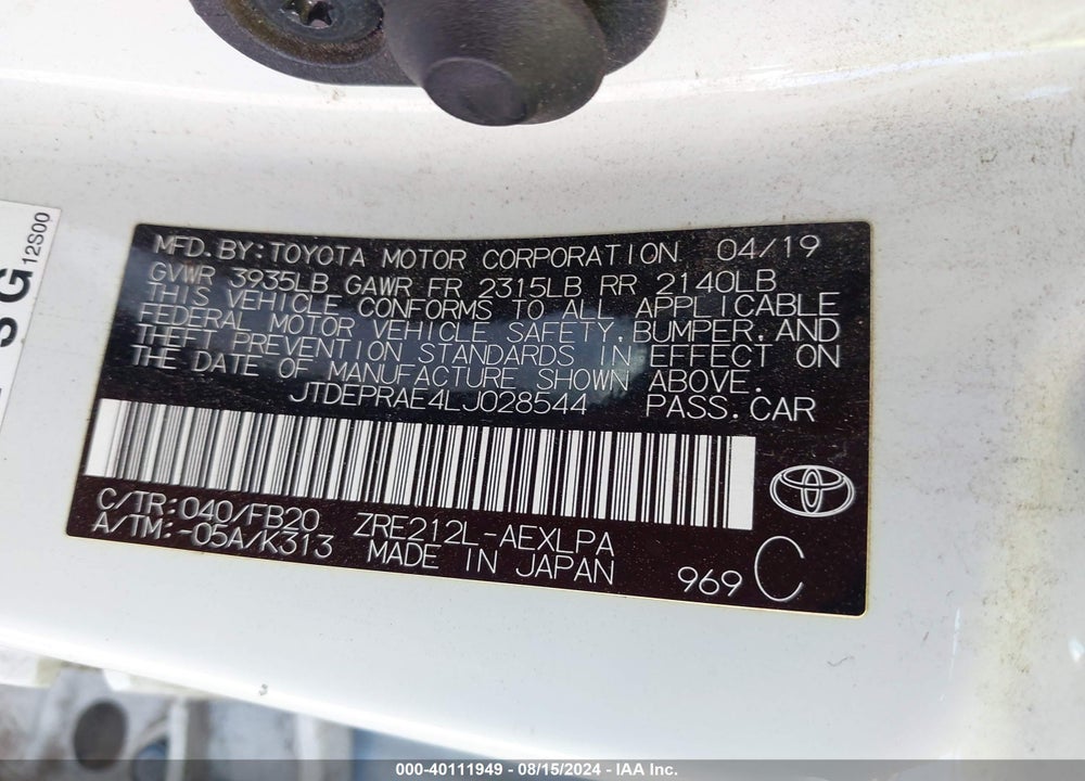2020 TOYOTA COROLLA LE VIN: JTDEPRAE4LJ028544