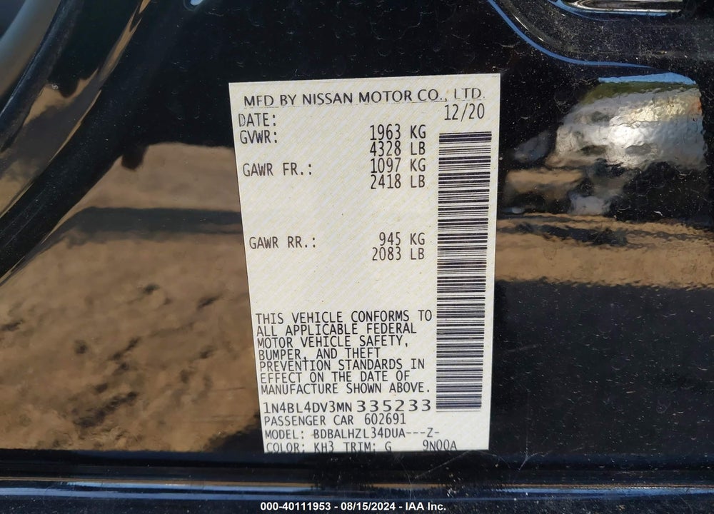 2021 NISSAN ALTIMA SV FWD VIN: 1N4BL4DV3MN335233