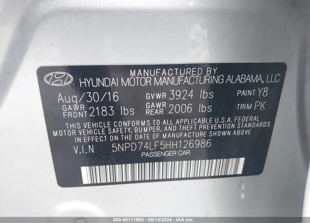 2017 HYUNDAI ELANTRA SE VIN: 5NPD74LF5HH126986