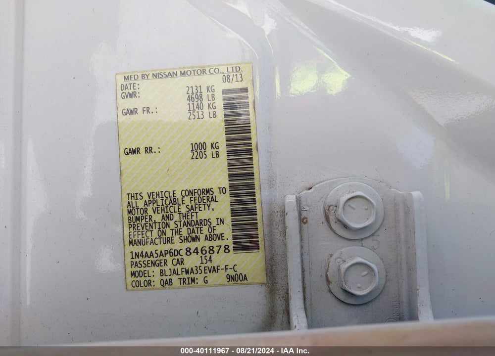 2013 NISSAN MAXIMA 3.5 SV VIN: 1N4AA5AP6DC846878