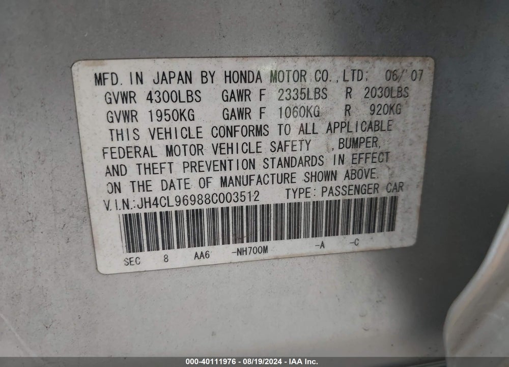 2008 ACURA TSX VIN: JH4CL96988C003512