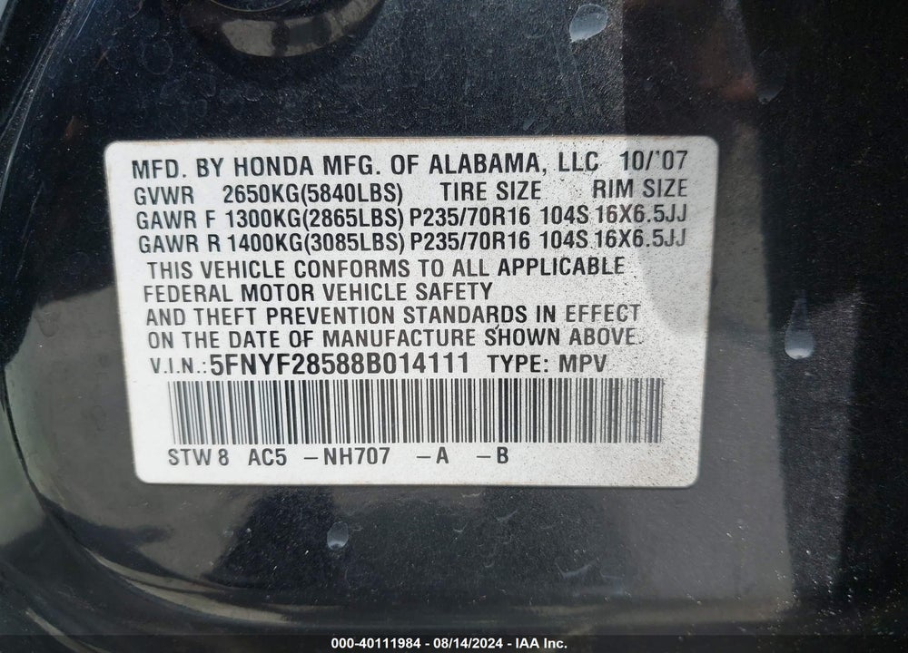 2008 HONDA PILOT EX-L VIN: 5FNYF28588B014111