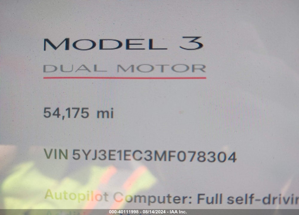 2021 TESLA MODEL 3 PERFORMANCE DUAL MOTOR ALL-WHEEL DRIVE VIN: 5YJ3E1EC3MF078304