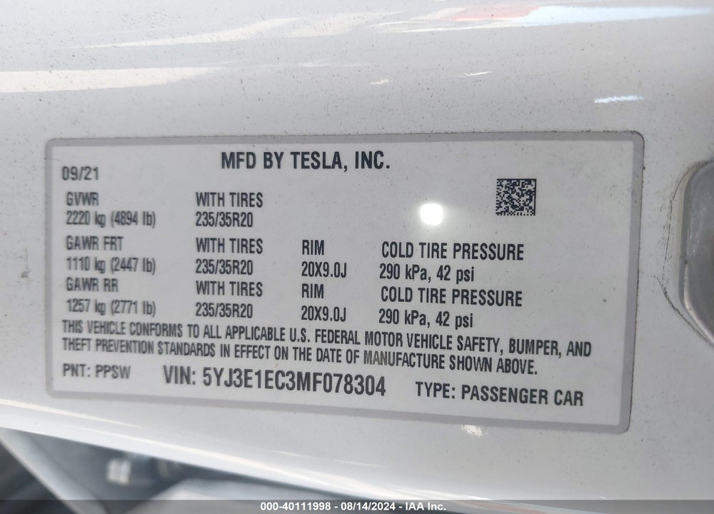 2021 TESLA MODEL 3 PERFORMANCE DUAL MOTOR ALL-WHEEL DRIVE VIN: 5YJ3E1EC3MF078304