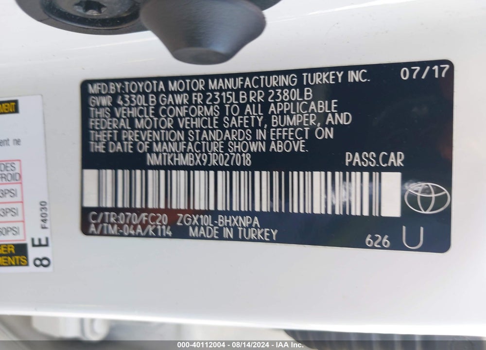 2018 TOYOTA C-HR XLE VIN: NMTKHMBX9JR027018