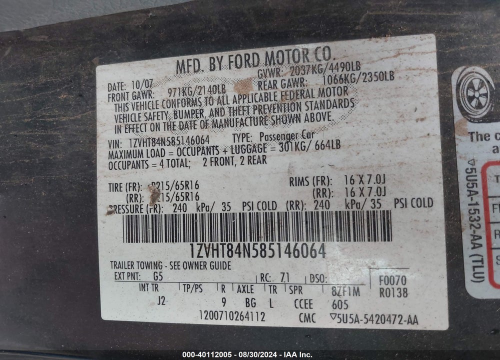 2008 FORD MUSTANG V6 DELUXE/V6 PREMIUM VIN: 1ZVHT84N585146064