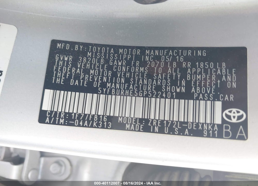 2016 TOYOTA COROLLA LE PLUS VIN: 5YFBURHE5GP522401