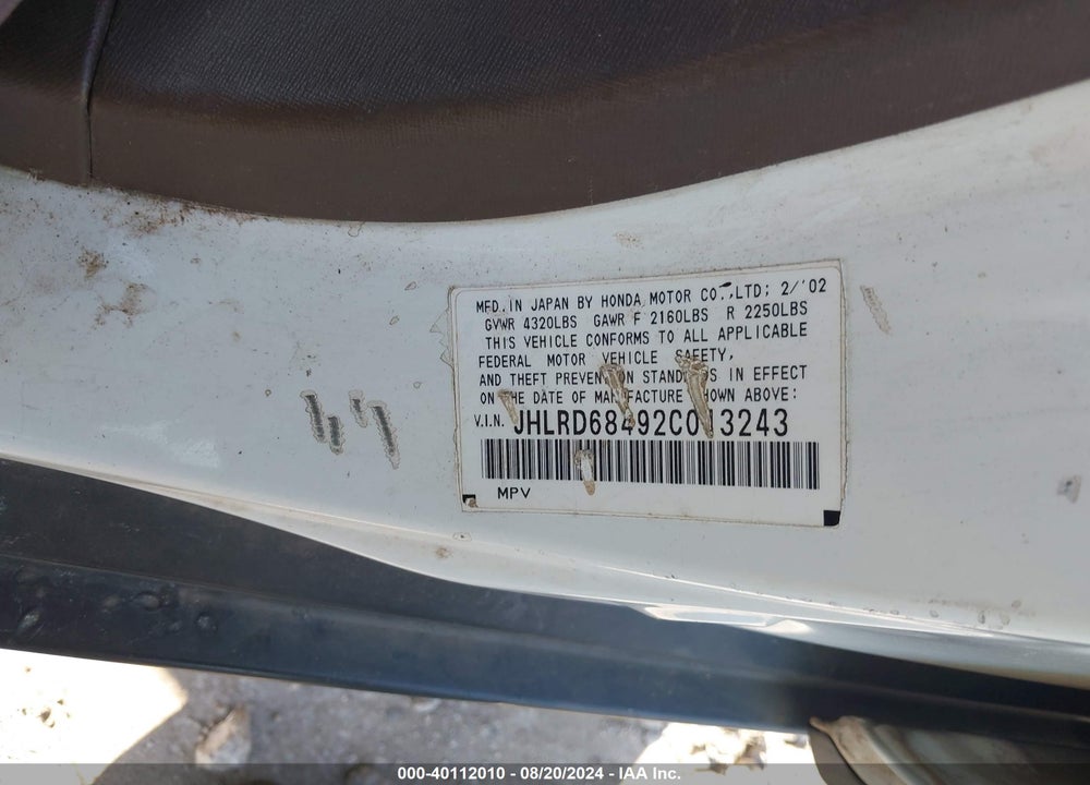 2002 HONDA CR-V LX VIN: JHLRD68492C013243
