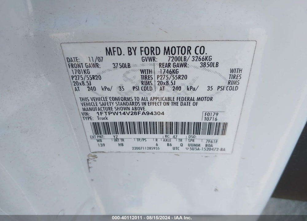 2008 FORD F-150 60TH ANNIVERSARY/FX4/KING RANCH/LARIAT/XLT VIN: 1FTPW14V28FA94304