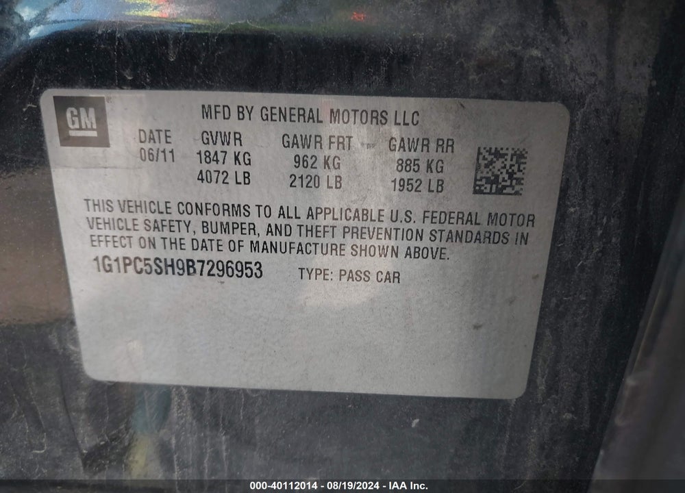 2011 CHEVROLET CRUZE LS VIN: 1G1PC5SH9B7296953
