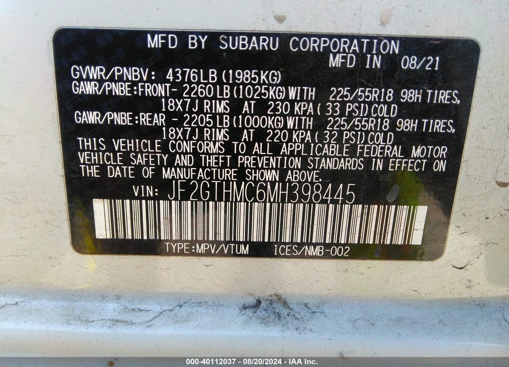 2021 SUBARU CROSSTREK LIMITED VIN: JF2GTHMC6MH398445