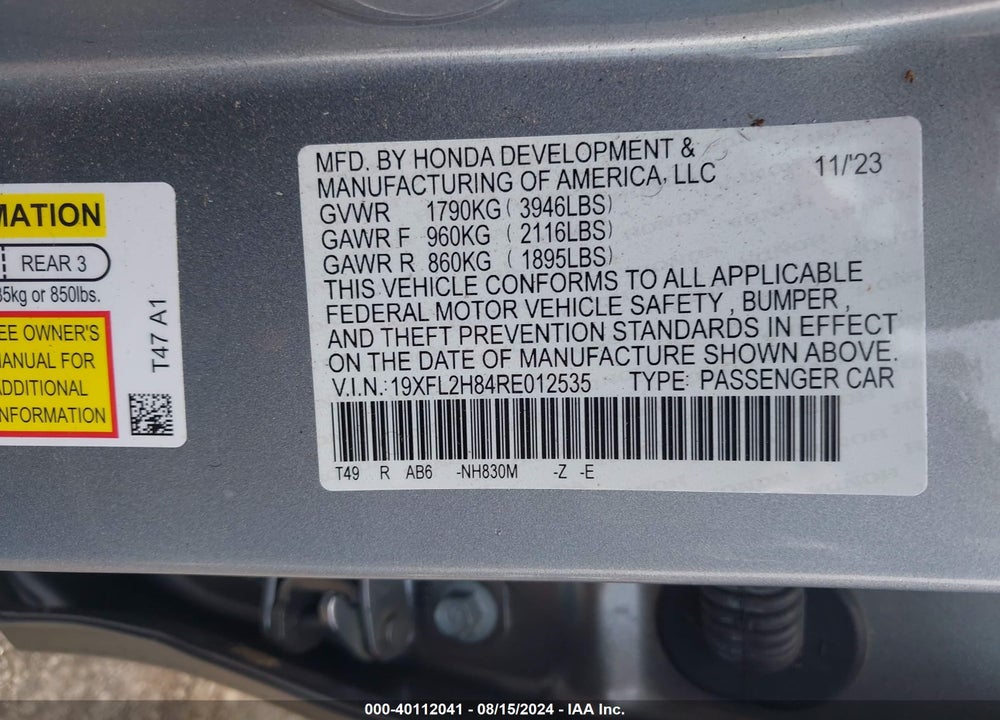 2024 HONDA CIVIC SPORT VIN: 19XFL2H84RE012535