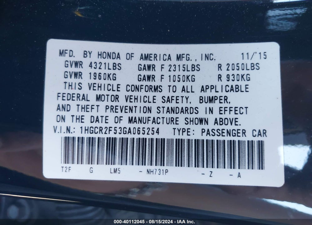 2016 HONDA ACCORD SPORT VIN: 1HGCR2F53GA065254