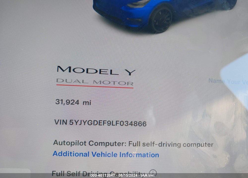 2020 TESLA MODEL Y LONG RANGE DUAL MOTOR ALL-WHEEL DRIVE/PERFORMANCE DUAL MOTOR ALL-WHEEL DRIVE VIN: 5YJYGDEF9LF034866