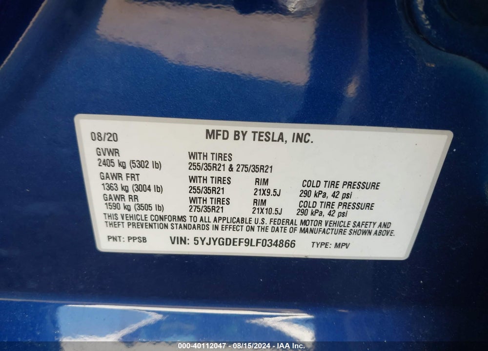 2020 TESLA MODEL Y LONG RANGE DUAL MOTOR ALL-WHEEL DRIVE/PERFORMANCE DUAL MOTOR ALL-WHEEL DRIVE VIN: 5YJYGDEF9LF034866