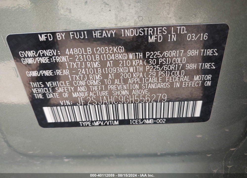 2016 SUBARU FORESTER 2.5I LIMITED VIN: JF2SJAHC9GH556279
