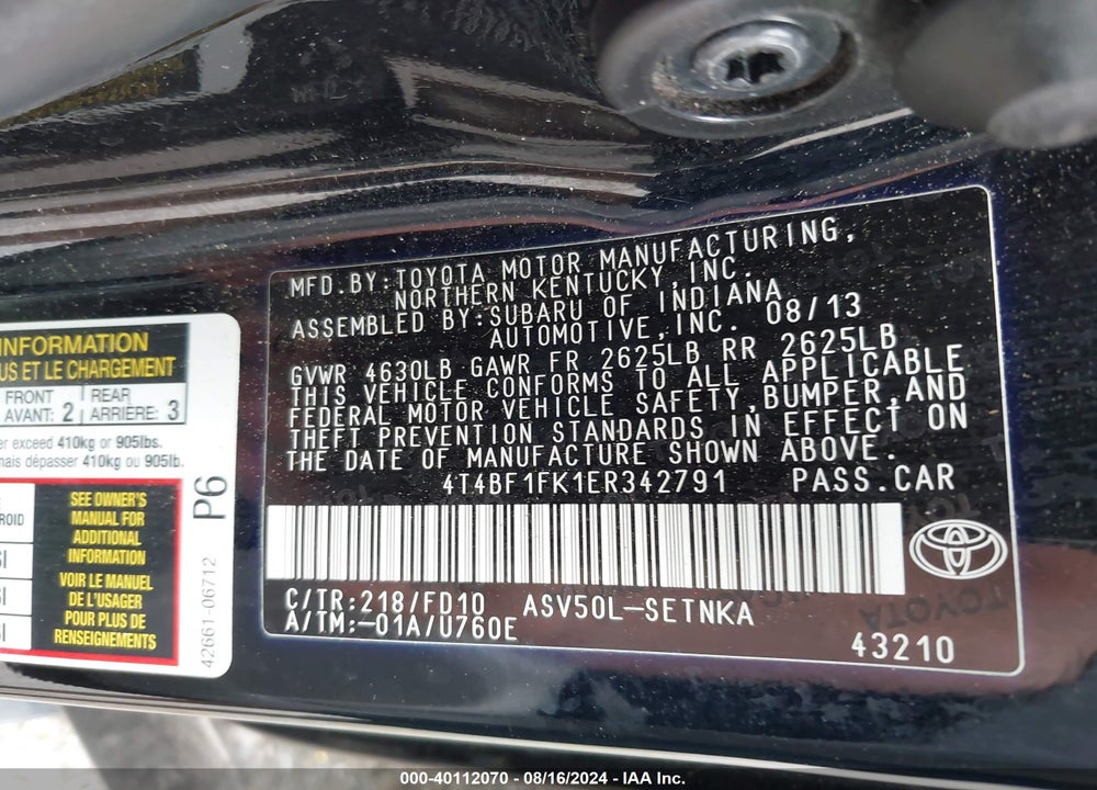 2014 TOYOTA CAMRY LE VIN: 4T4BF1FK1ER342791