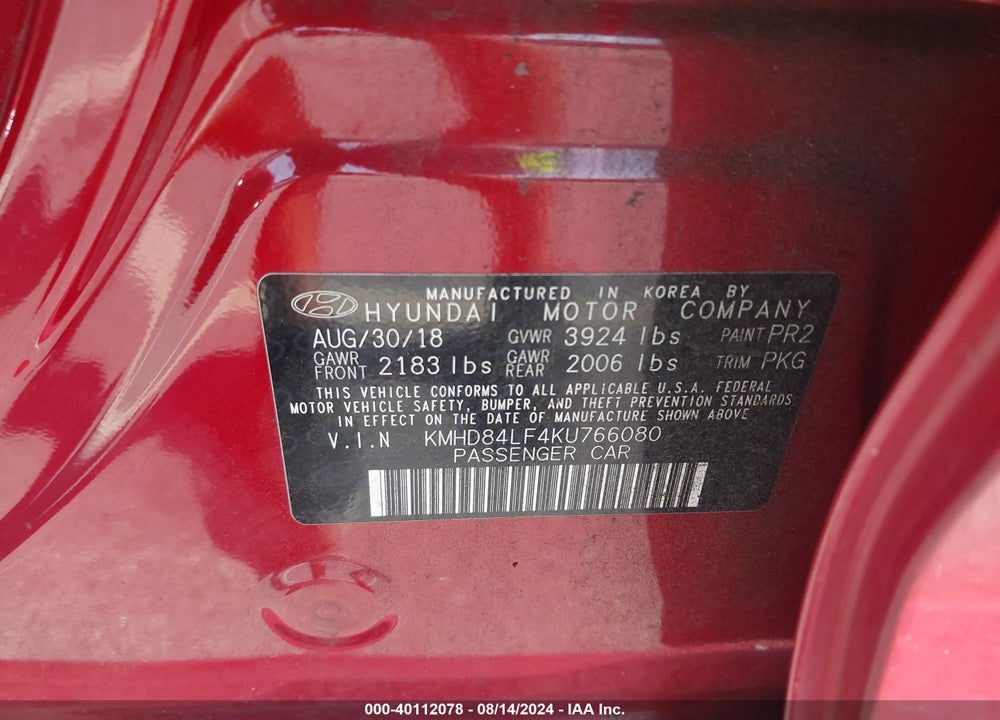 2019 HYUNDAI ELANTRA SEL VIN: KMHD84LF4KU766080