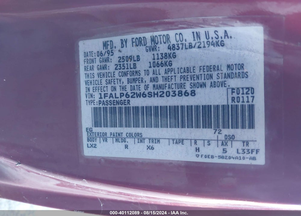 1995 FORD THUNDERBIRD LX VIN: 1FALP62W6SH203868