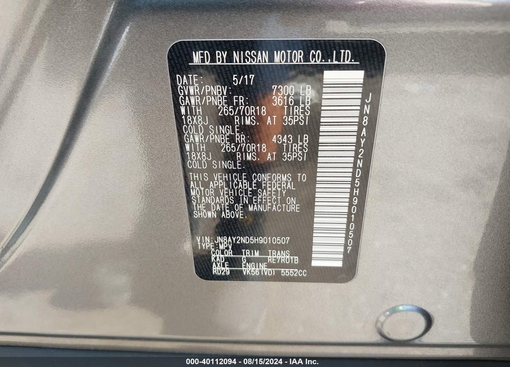 2017 NISSAN ARMADA SV VIN: JN8AY2ND5H9010507