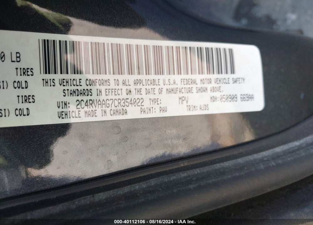 2012 VOLKSWAGEN ROUTAN S VIN: 2C4RVAAG7CR354022
