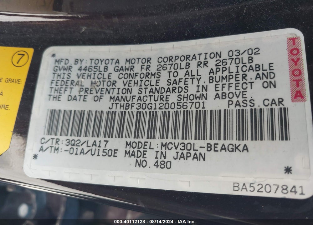 2002 LEXUS ES 300 VIN: JTHBF30G120056701