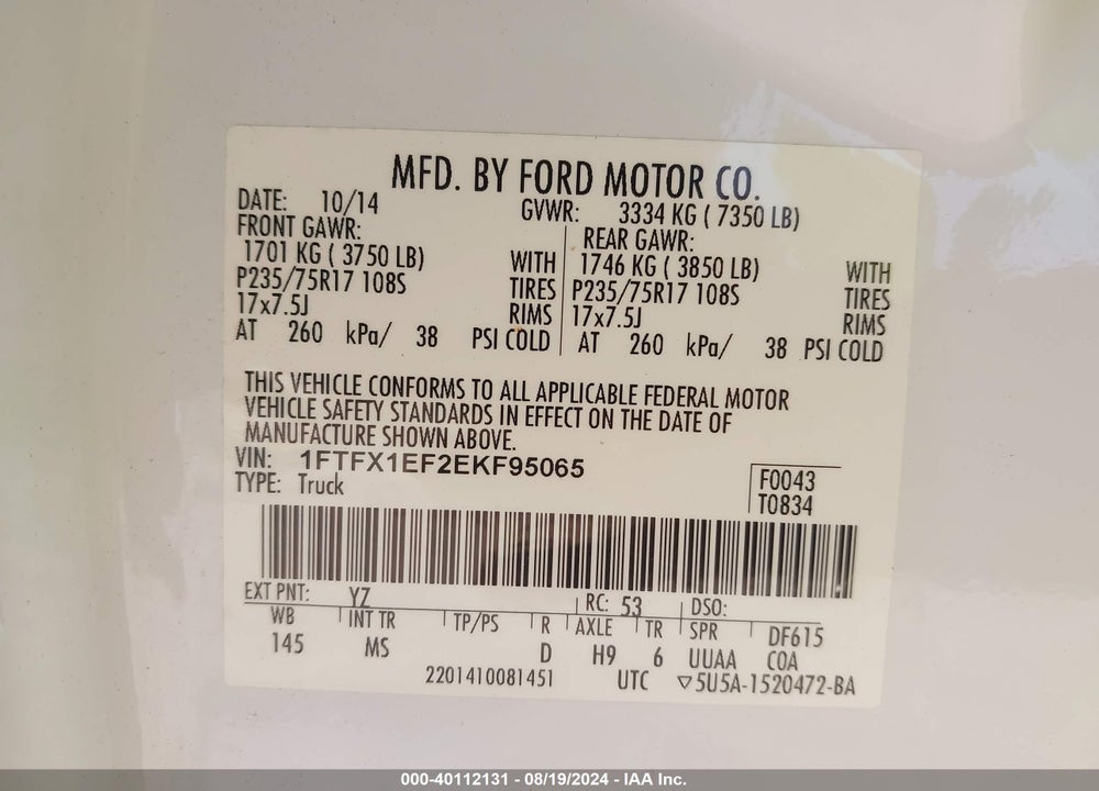 2014 FORD F-150 XLT VIN: 1FTFX1EF2EKF95065